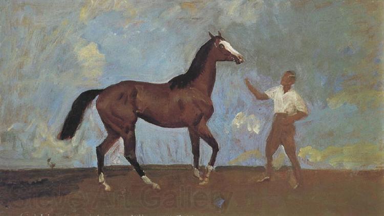 Sir Alfred Munnings,P.R.A The Racehorse 'Amberguity'  Held by Tom Slocombe Spain oil painting art
